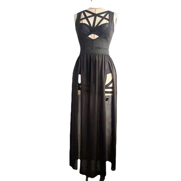 Elegant black bodysuit with intricate lace design and sheer mesh skirt, featuring built-in pads for comfort and style.