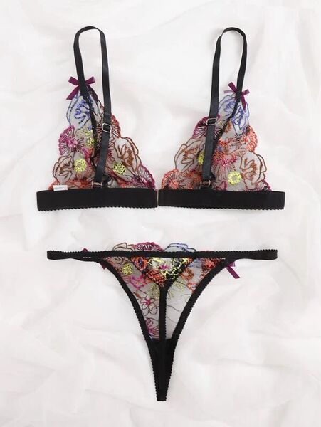European-style sexy lace bra and panty set with vibrant floral embroidery, featuring delicate straps and intricate detailing ...