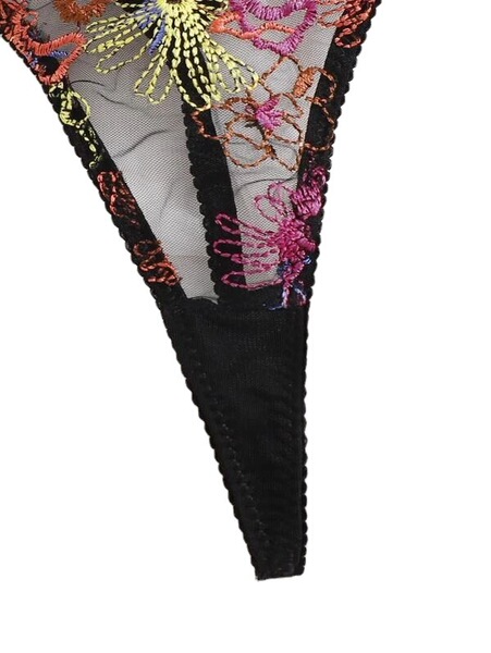 Vibrant floral embroidered lace bra and panty set, european-style sexy womens intimate lingerie outfit with colorful details.