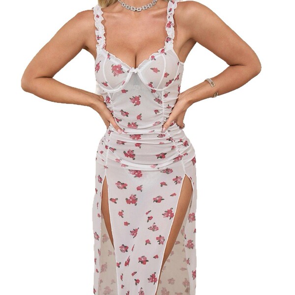 European-style sexy lace trim sleep dress set featuring backless design and high-slit nightgown outfit for women.