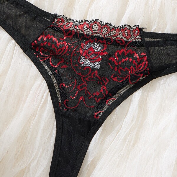 Black and red sheer lace thong with floral embroidery from european-style sexy lingerie set for women.