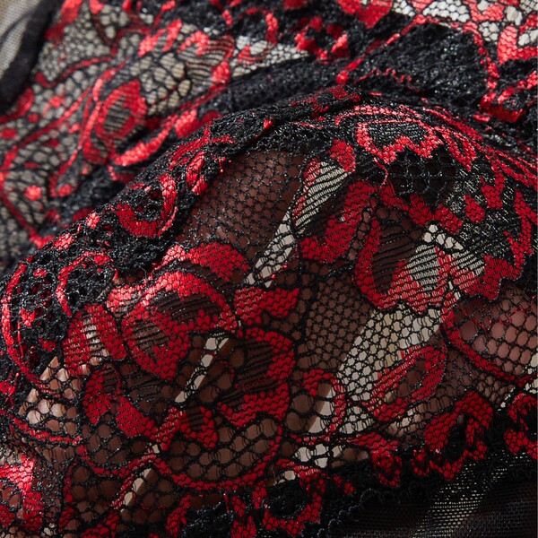Close-up of red and black floral lace detail on european-style sheer bra set with push-up support for women.