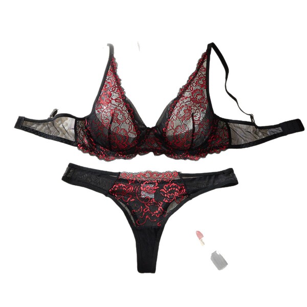 Black and red sheer lace bra set with push-up support, featuring intricate floral embroidery and matching thong for a temptin...