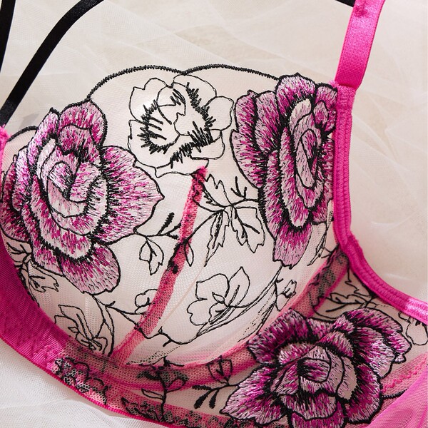 Sheer lace bra with vibrant pink floral embroidery from the european summer lingerie set.