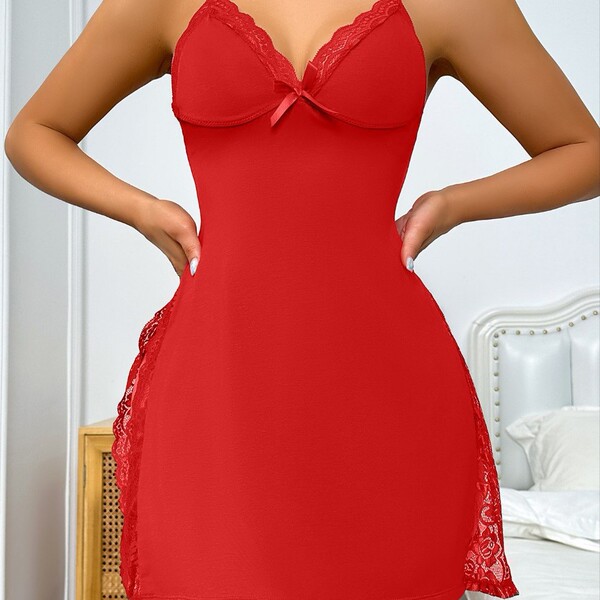 Red lace-trimmed european & us export sexy sleepwear set featuring milk silk split design, non-modal fabric for comfort and e...