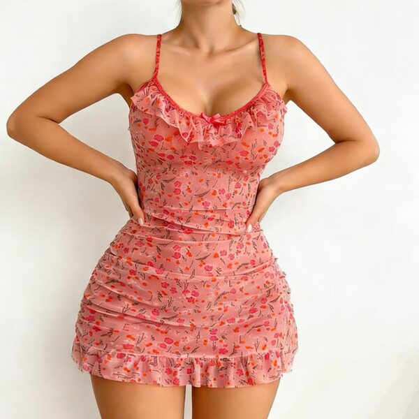 Sexy matching cami and panty two-piece outfit featuring european & us style semi-sheer floral lace design, perfect for women ...