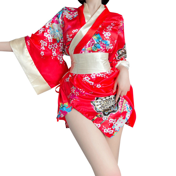 Elegant red kimono with floral patterns, perfect for seductive role play outfits. features flowing sleeves and a stylish desi...