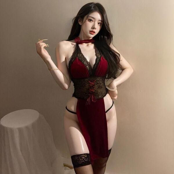 Exotic lace sheer high-waist split cheongsam costume set with rose dancer erotic lingerie outfit, featuring elegant design an...