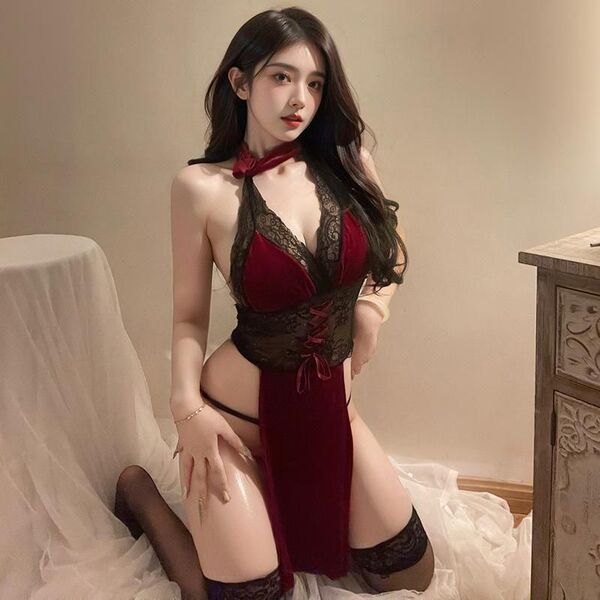 Exotic lace sheer high-waist split cheongsam costume set - rose dancer erotic lingerie outfit, elegant design with deep red a...