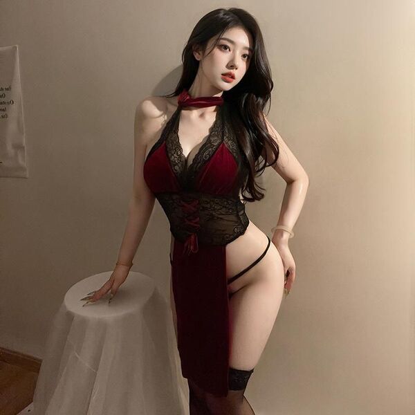 Exotic lace sheer high-waist split cheongsam costume set - rose dancer erotic lingerie outfit, elegant design with deep red a...