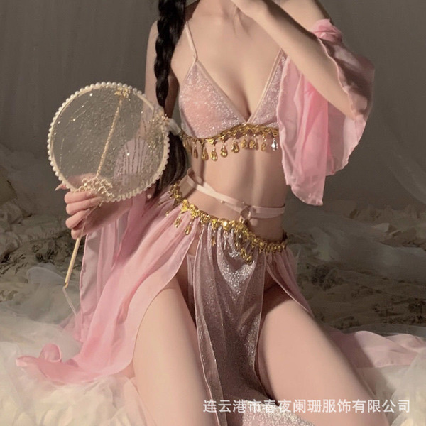 Exotic princess vintage-inspired lingerie set featuring a sparkling belly dance bodice and lace dress ensemble, perfect for t...