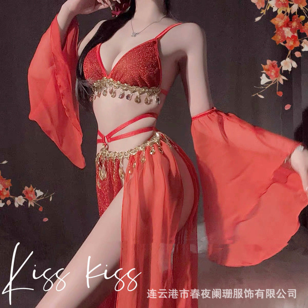 Exotic princess vintage-inspired lingerie set featuring a red sequined bodice with gold accents and a flowing lace skirt, per...