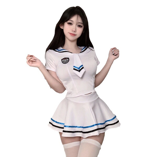 A woman wearing a white sailor-style costume with blue accents, featuring a short-sleeved top and pleated skirt, suitable for...