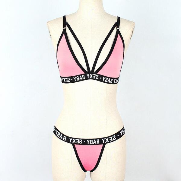 Pink and black alphabet thong bikini set with sexy baby straps, trendy erotic lingerie for women.