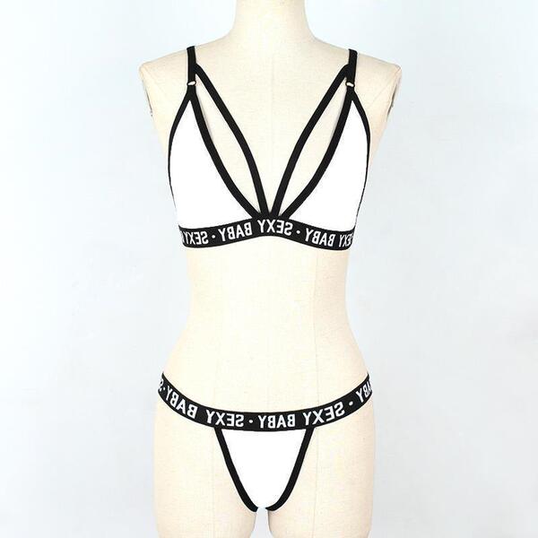 White sexy baby alphabet print thong bikini set with strappy bralette, trendy erotic lingerie for women.