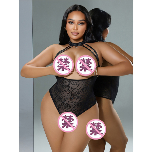 Sexy sheer black lace bodysuit with open-crotch design, featuring floral patterns and halter straps for pure temptation.