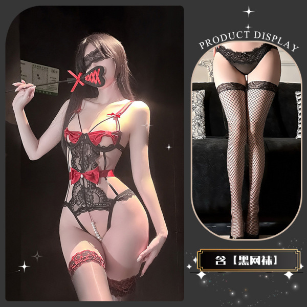 Pure & Playful Lace Lingerie Set with Bow & Pearl Bodysuit – Seductive Women's Sensual Underwear - Dead Leaf Butterfly * Red + Black Fishnet Stockings