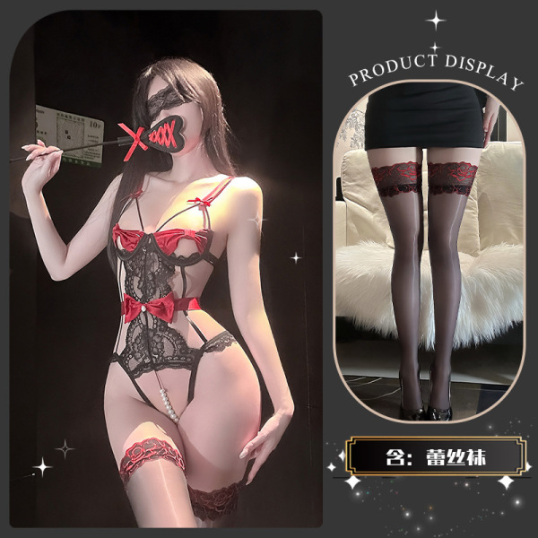 Pure & Playful Lace Lingerie Set with Bow & Pearl Bodysuit – Seductive Women's Sensual Underwear - Dead Leaf Butterfly * Red + Matching Socks