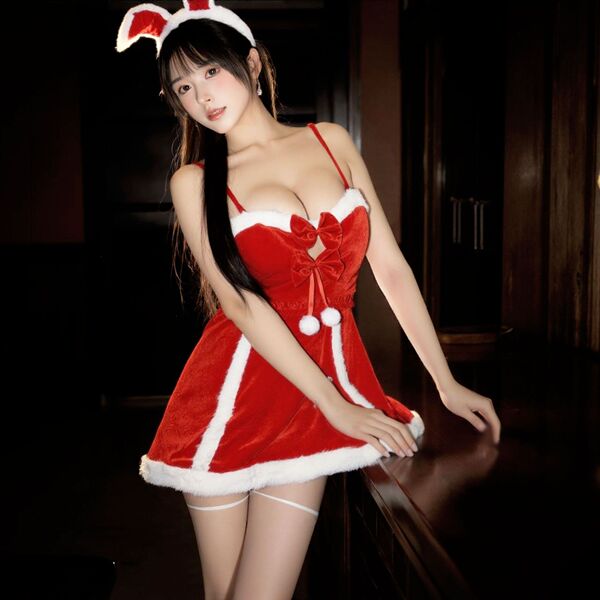 Sexy red velvet sleep dress with bunny ears, perfect for holiday parties and role play.