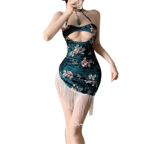 Vintage silk velvet qipao dress featuring floral print, seductive design with tassels and flirty slit, perfect for elegance a...
