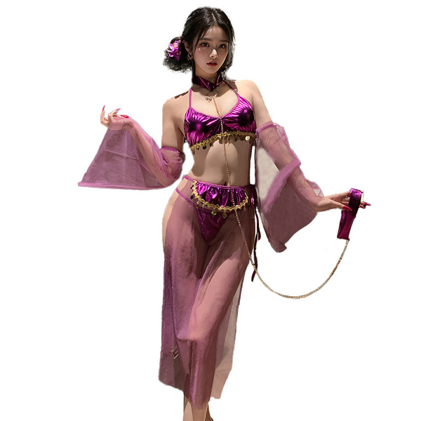 Vintage-inspired fantasy ethno-chic lingerie set featuring sheer silk feel palace dunhuang sheers, tie-front bra, and hanfu-i...