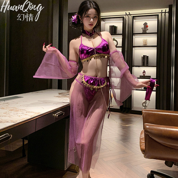Fantasy ethno-chic lingerie set featuring vintage silk-feel palace dunhuang sheer bodysuit with ties & hanfu-inspired bra & p...