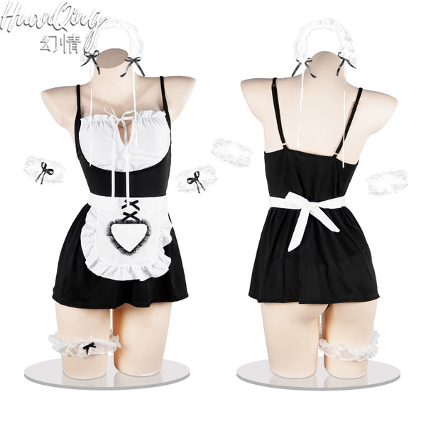 New fantasy lolita cosplay maid outfit - busty illusion lingerie set for small bust women, featuring black and white design w...