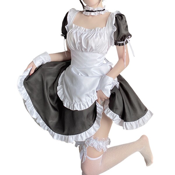 A woman wearing a fantasy romance maid dress, featuring a cute pure-yuri lolita apron outfit inspired by anime cosplay. the d...