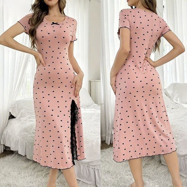 New fashionable lace trim sleep dress for women – sexy bodycon short sleeve midi nightgown with side slit & heart print