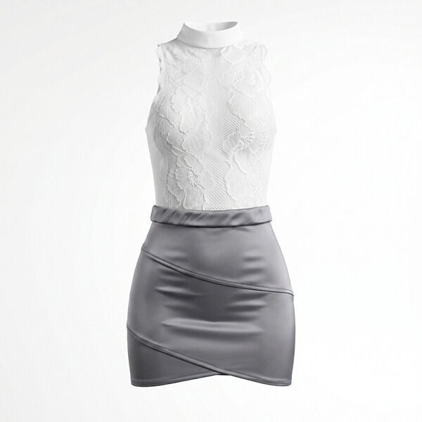 White lace top with high neck and gray satin mini skirt from fei niao kui yue lingerie set for date night.