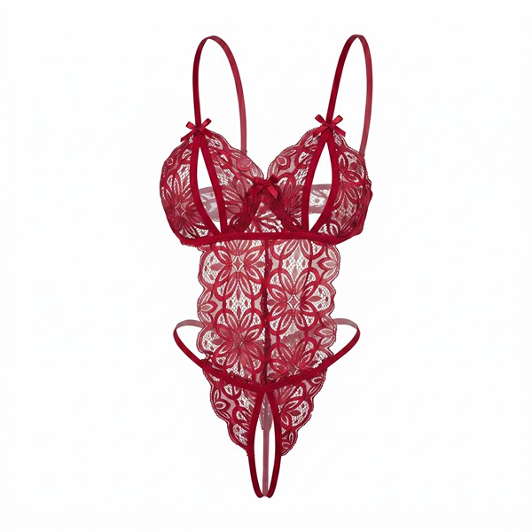 Red lace fei niao kui yue lingerie set with sheer floral design, adjustable straps, and sexy cutouts for small busts.