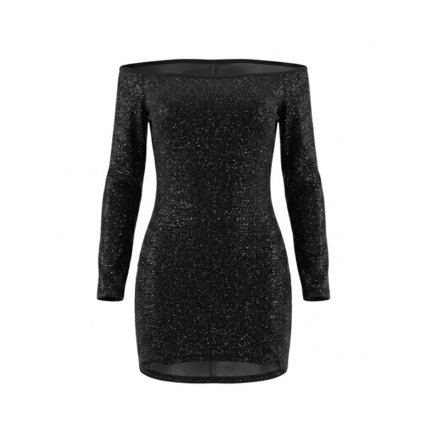 Black glitter bodycon midi dress with off-shoulder design and long sleeves, elegant and seductive evening wear.
