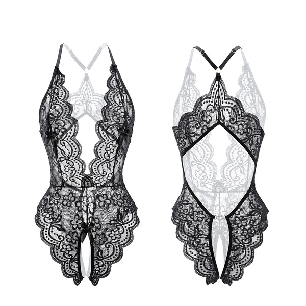 Feimu deep v lace bodysuit with open crotch - sexy lingerie sleepwear for date night & intimate moments