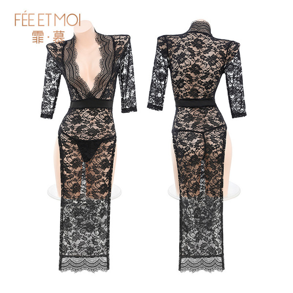 Feimu deep v-neck sheer lace bodycon nightgown - seductive high-slit bare-butt erotic lingerie, elegant black lace design wit...