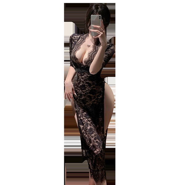Feimu deep v-slit sheer lace nightgown - seductive see-through sleep dress with butt-cleavage detail