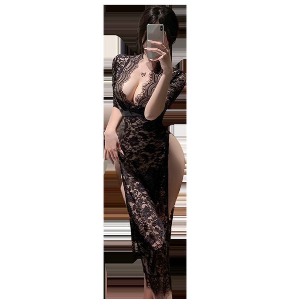 Feimu deep v-slit sheer lace nightgown - seductive see-through sleep dress with cheeky cut-outs
