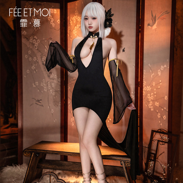 Feimu halloween lingerie dress - deep v-neck cheongsam style sensual sleepwear for women, elegant black design with sheer sle...