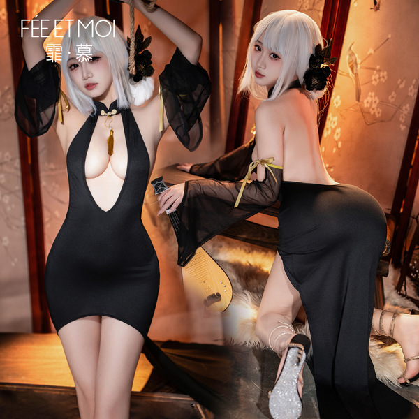 Feimu halloween lingerie dress - deep v-neck cheongsam style sensual sleepwear for women, featuring elegant design and allure...