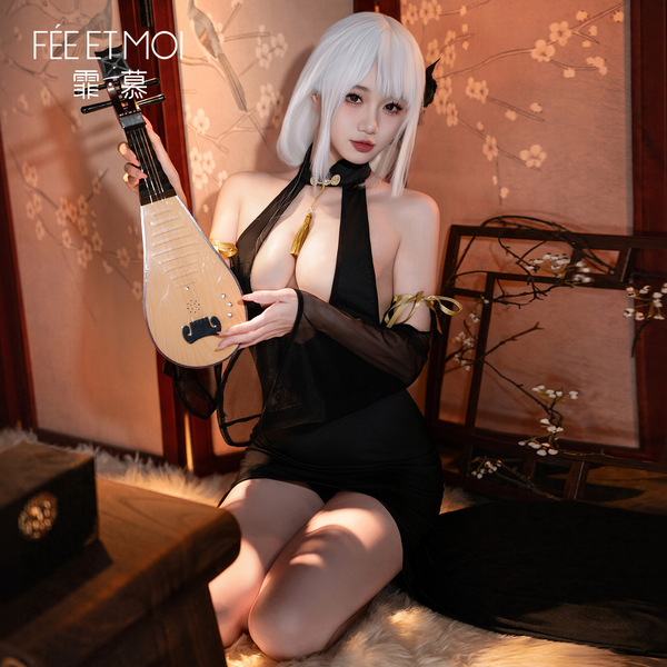 Feimu halloween lingerie dress - deep v-neck cheongsam style sensual sleepwear for women, featuring elegant black design with...