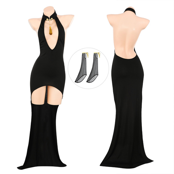 Feimu halloween lingerie dress - deep v-neck cheongsam style sensual sleepwear for women, featuring elegant black design with...