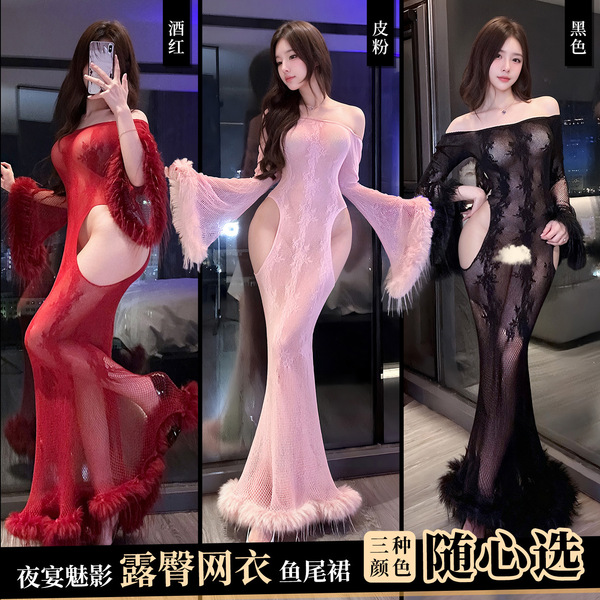 Feimu night banquet mesh bodysuit - seductive fish tail sheer lace thong dress with backless cutouts in red, pink, and black ...