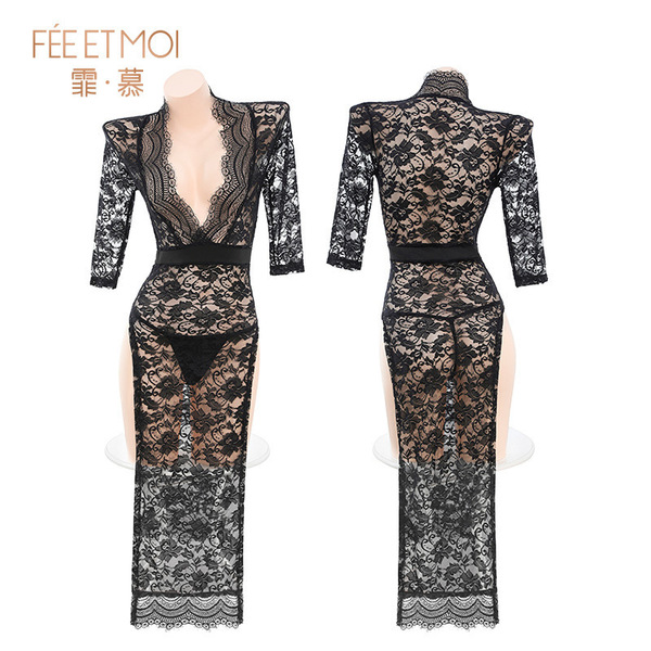 Feimu plus size deep v-slit sheer lace dress - seductive see-through evening gown with butt exposure