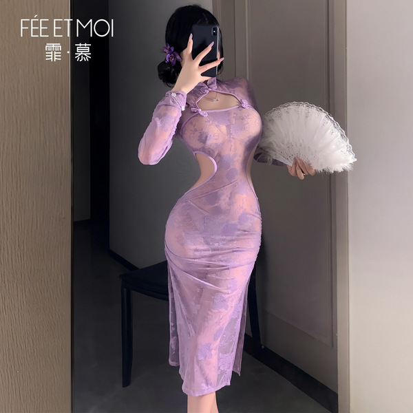Feimu purple lace cheongsam lingerie - seductive sheer bust-out temptation set, elegant design with sheer fabric and cut-out ...