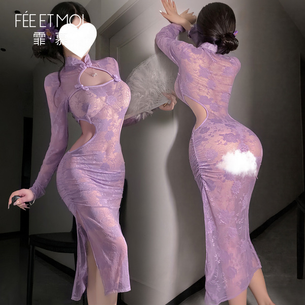 Feimu purple lace cheongsam lingerie - seductive sheer bust-out temptation set featuring elegant design with intricate lace d...