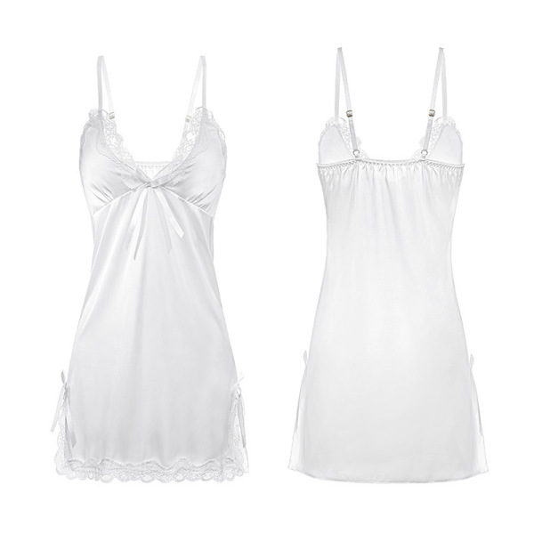 Feimu white silk-look lounge dress with lace trim, front bow detail, and adjustable straps for elegant sleepwear.
