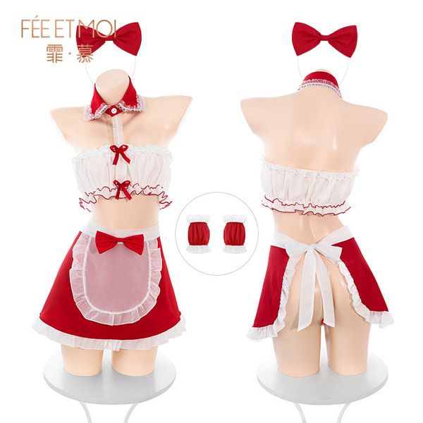 Feimu warm bed maid costume set - sexy busty uniform with thong & tube top, new year lingerie outfit
