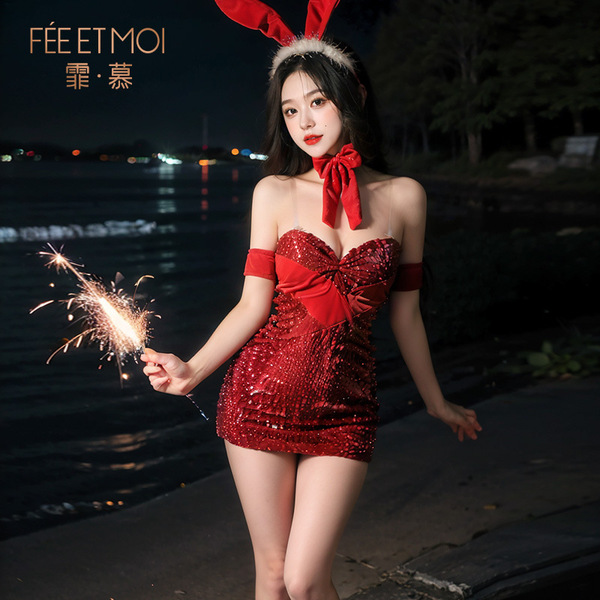 Feimu new year sexy lingerie set - velvet & sequin bunny costume sleepwear, seductive outfit for women