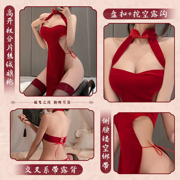 Feimu new year silk velvet cheongsam lingerie - sexy costume sleepwear with high slit for women