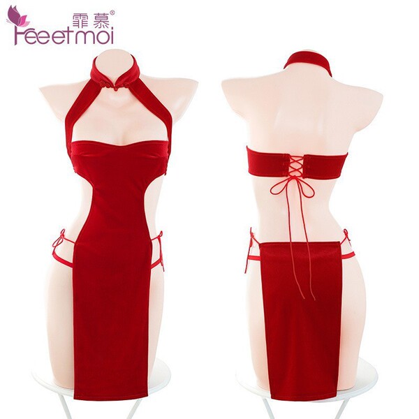 Feemu new year silk velvet cheongsam lingerie - sexy costume sleepwear with high slit for women