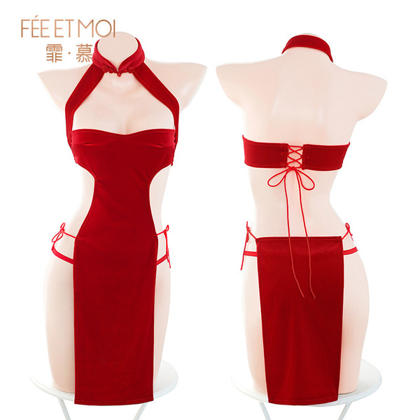 Feimu new year velvet qipao lingerie set - seductive no-remove costume for passionate nights
